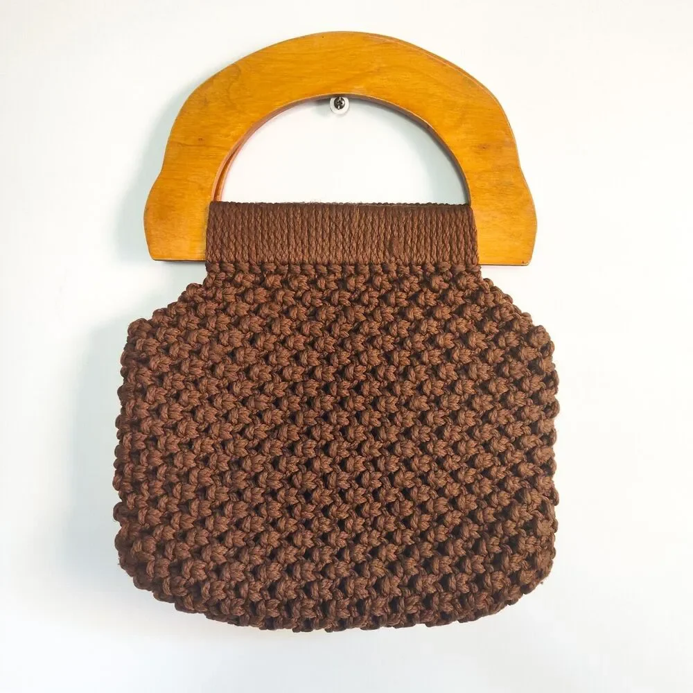 Vintage Crochet Knit Bag Wooden Handles‎ Chic Brown Cottagecore Boho Handmade